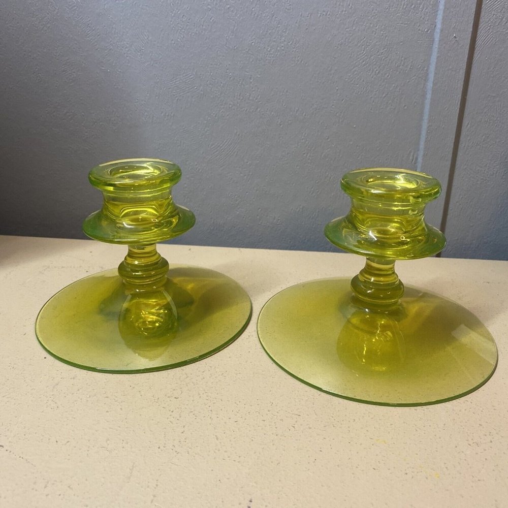 Vintage Green Uranium Vaseline Depression Glass Candlestick Holders Pair - Picture 2 of 9